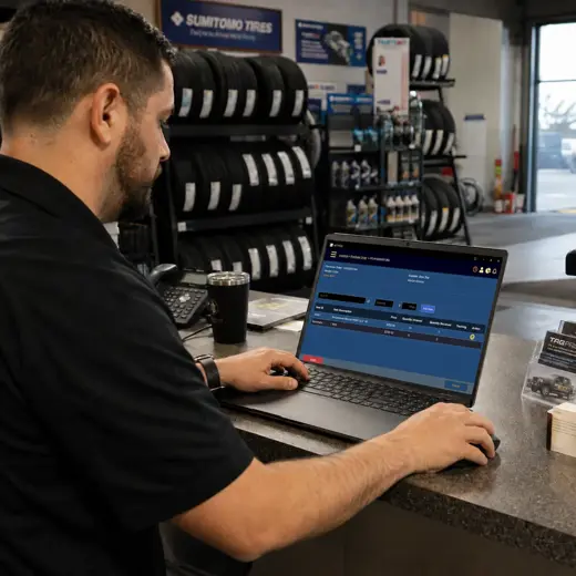 Tire shop team helping a customer and processing a sale