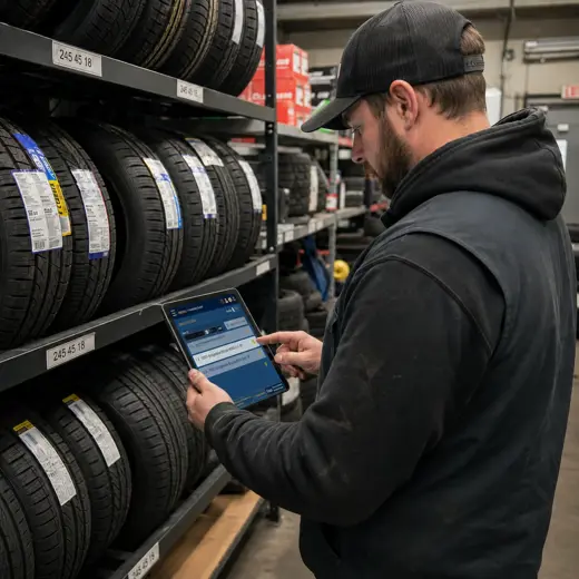 Tire shop team helping a customer and processing a sale