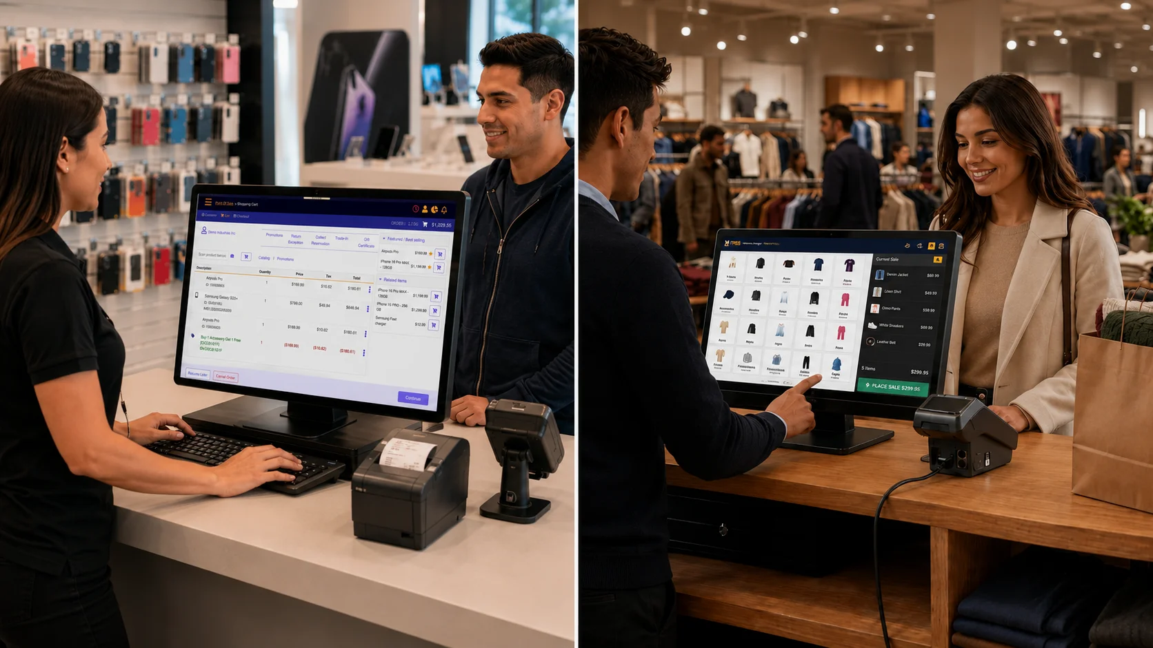 MTPOS retail checkout screen with products, customer information, and payment options